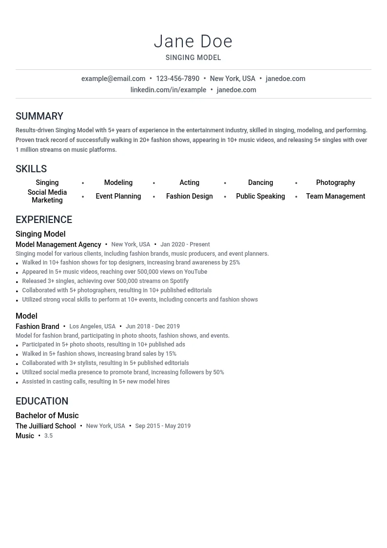 Singing Model resume example