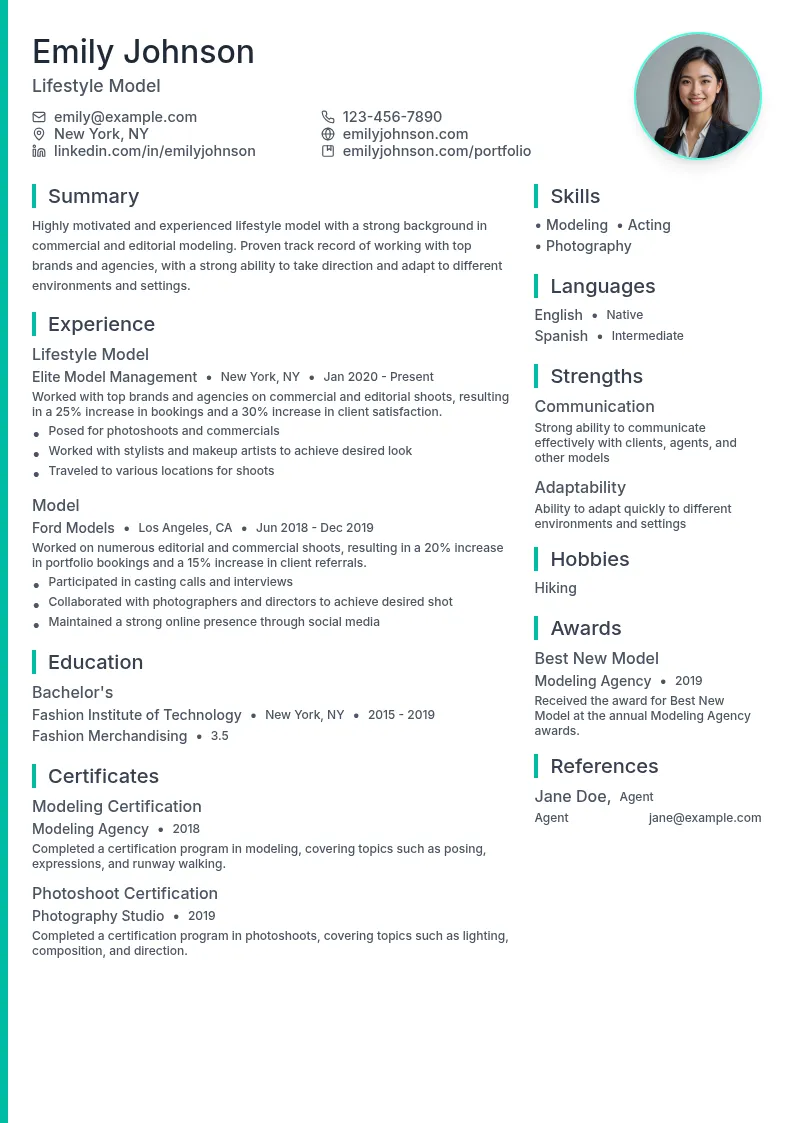 Lifestyle Model resume example