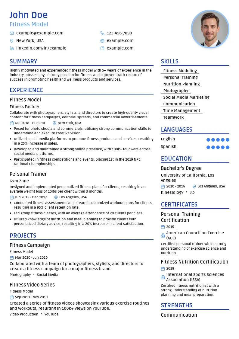 Fitness Model resume example