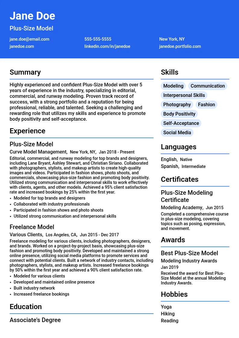 Plus-Size Model resume example