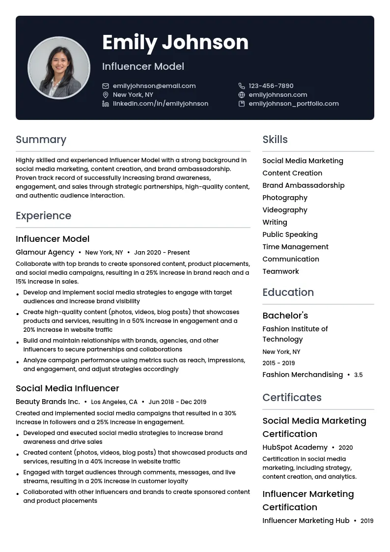 Influencer Model resume example