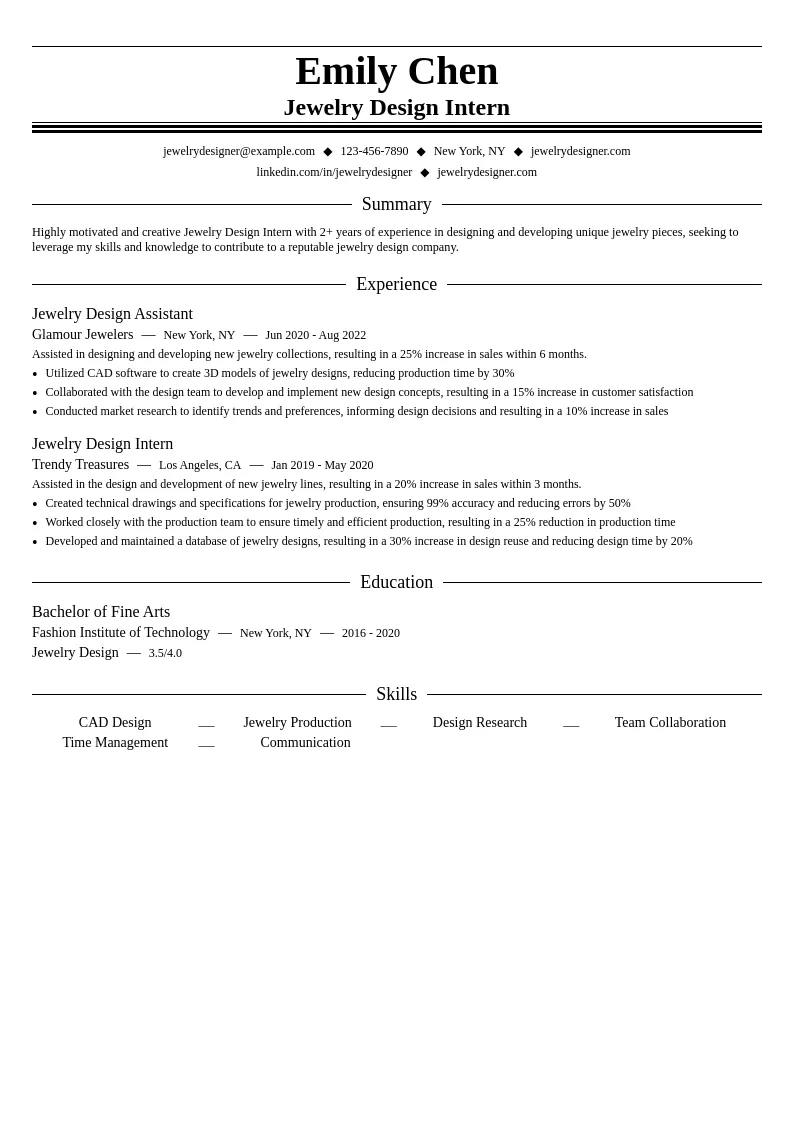Jewelry Design Intern resume example