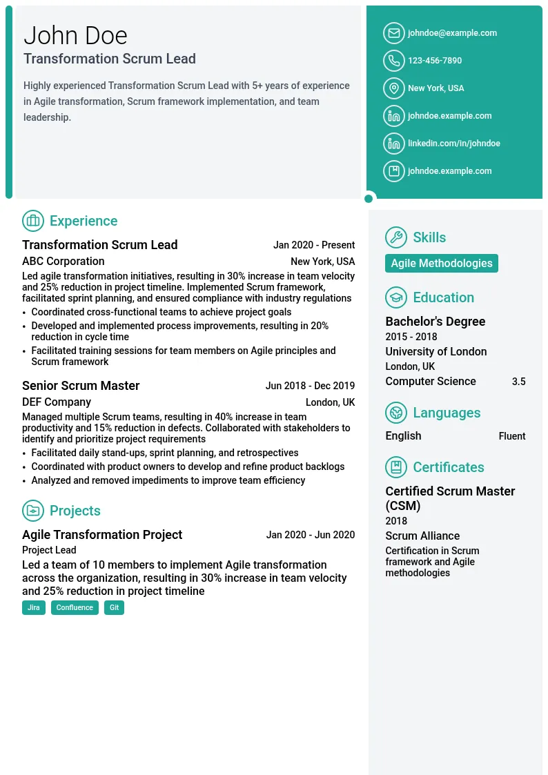 Transformation Scrum Lead resume example
