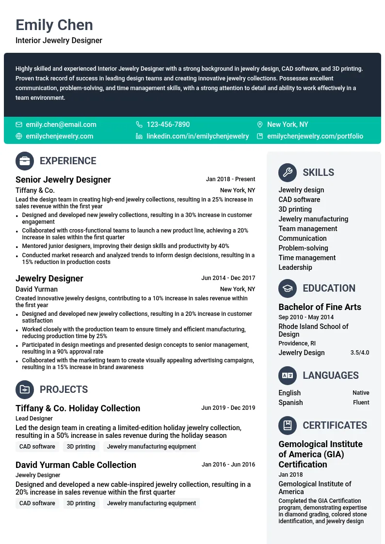 Interior Jewelry Designer resume example