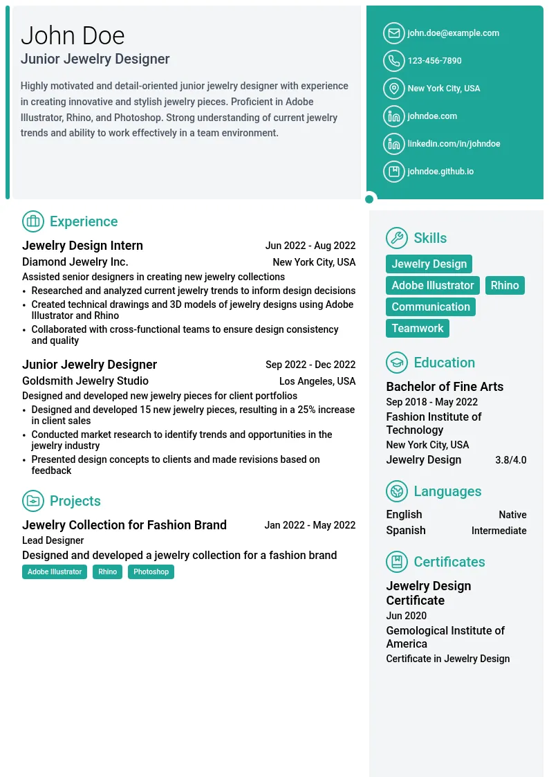 Junior Jewelry Designer resume example