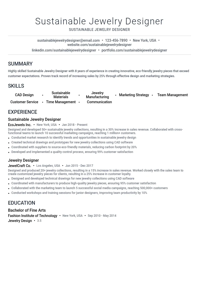 Sustainable Jewelry Designer resume example