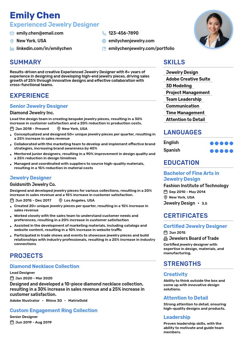 Experienced Jewelry Designer resume example