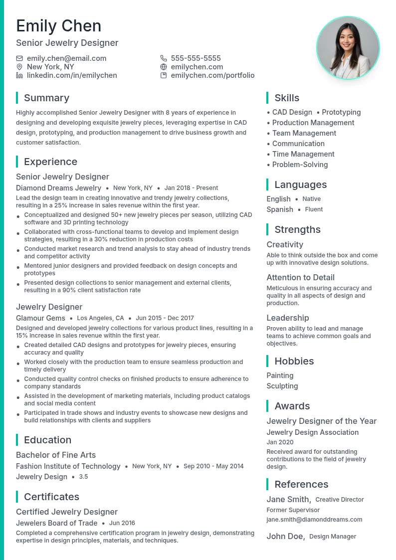 Senior Jewelry Designer resume example