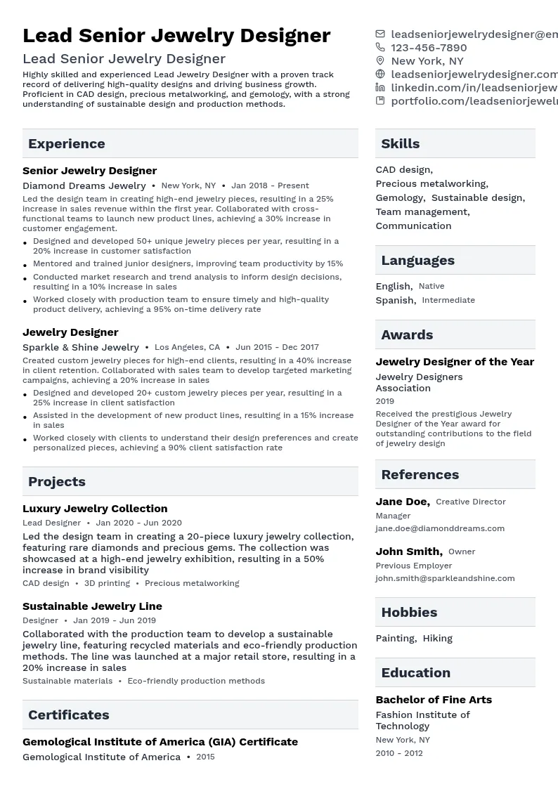 Lead Jewelry Designer resume example