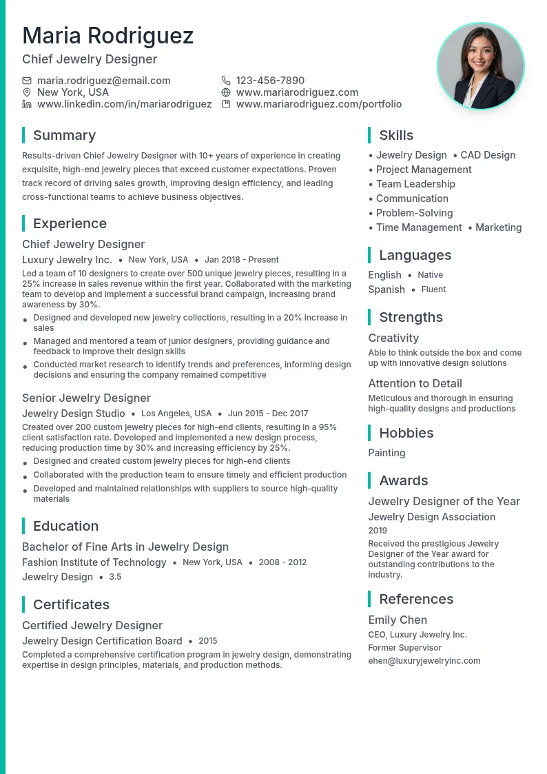 Chief Jewelry Designer resume example
