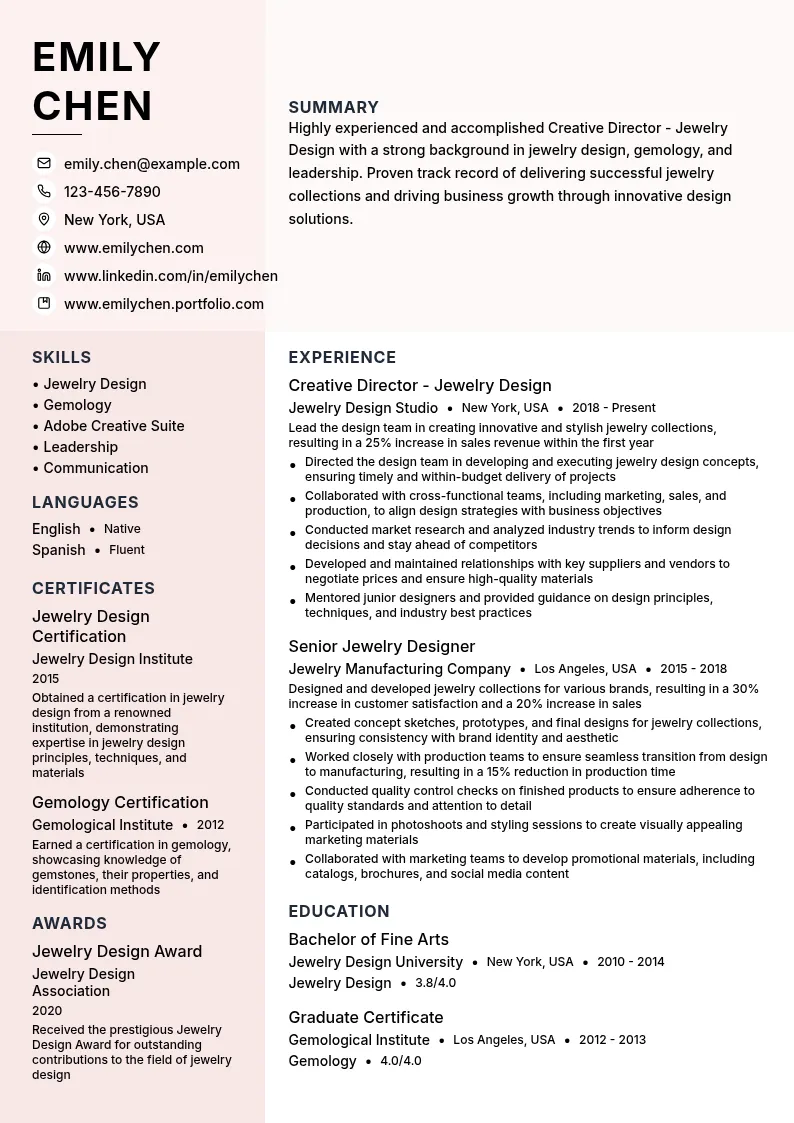 Creative Director - Jewelry Design resume example