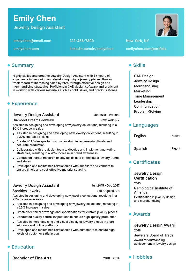 Jewelry Design Assistant resume example