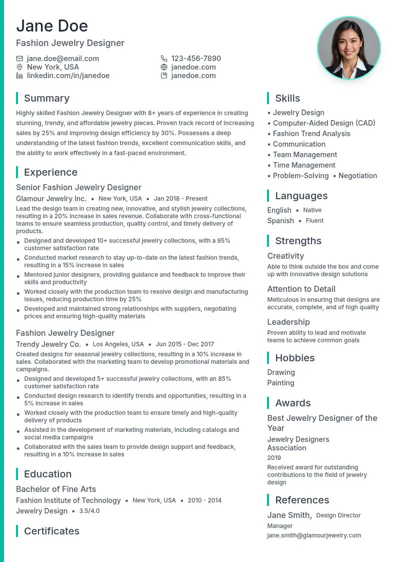 Fashion Jewelry Designer resume example