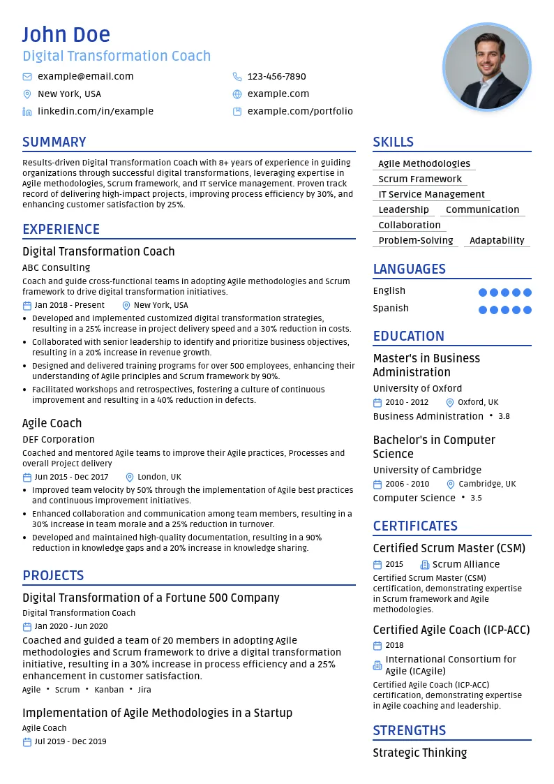 Digital Transformation Coach resume example
