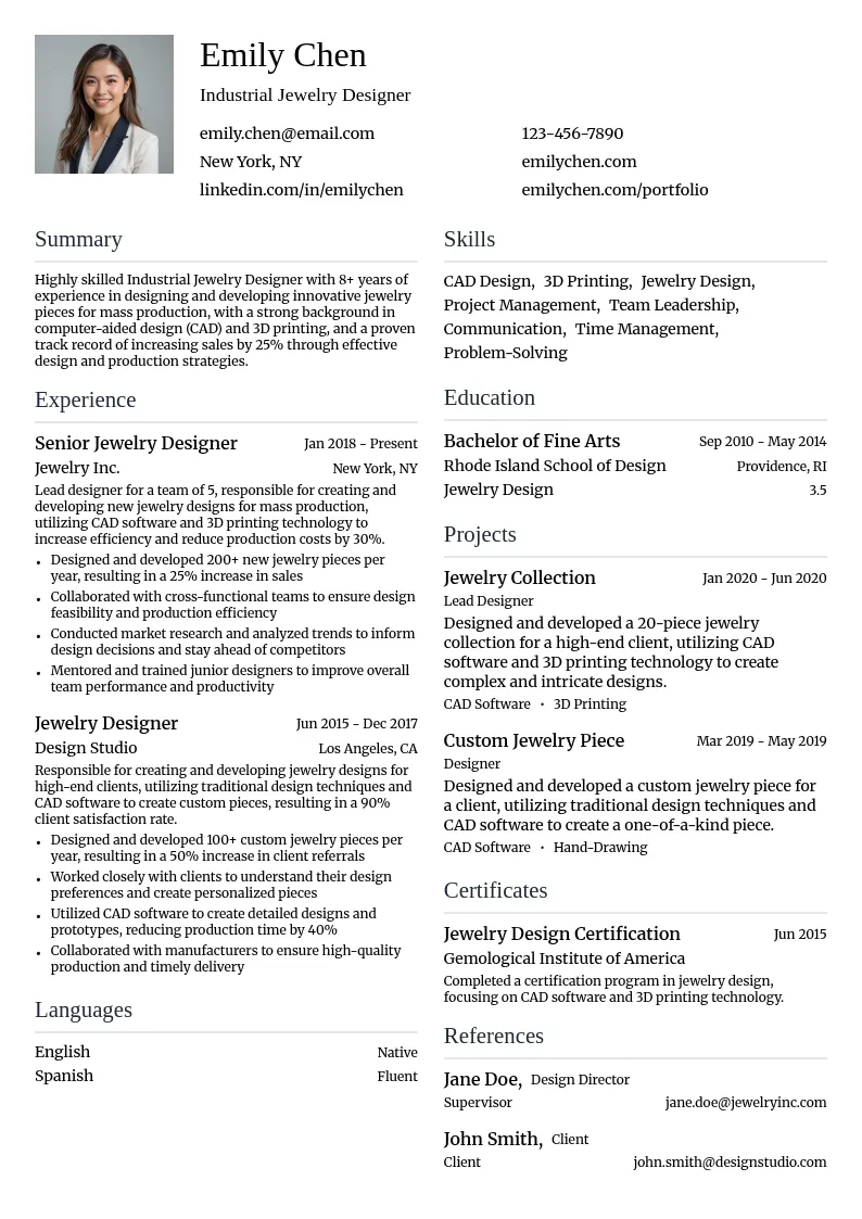 Industrial Jewelry Designer resume example