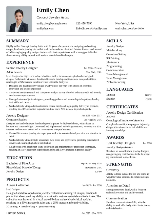 Concept Jewelry Artist resume example