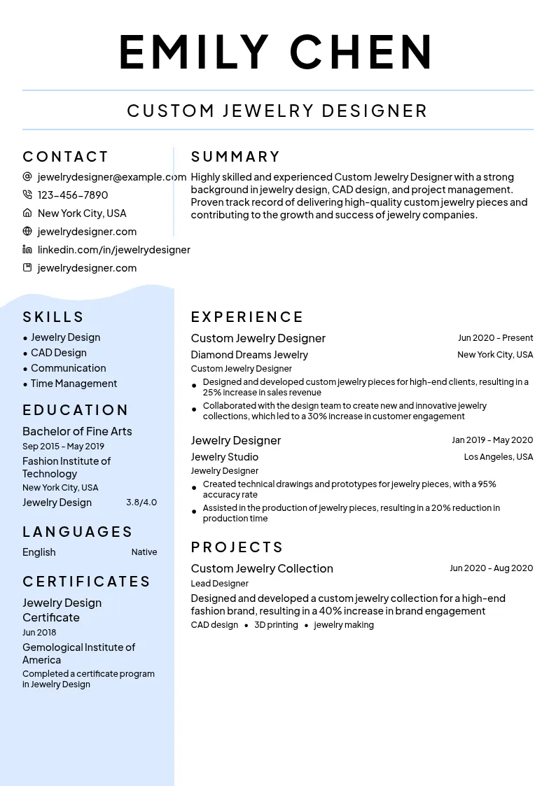 Custom Jewelry Designer resume example