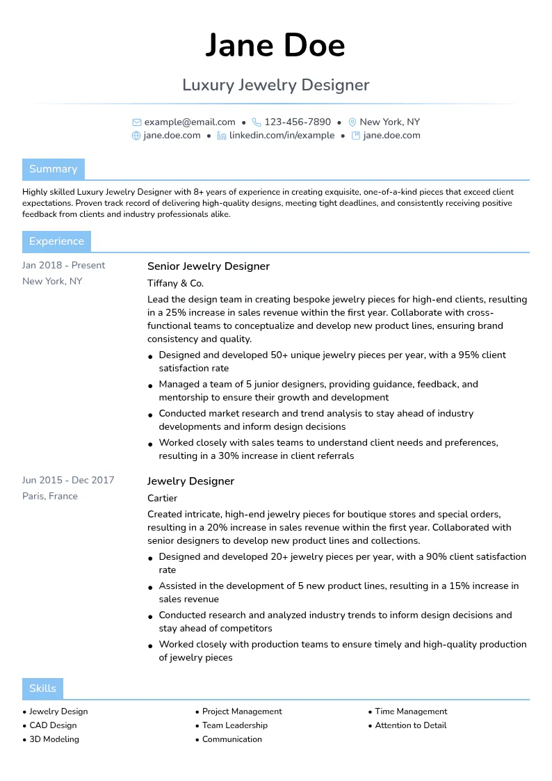 Luxury Jewelry Designer resume example