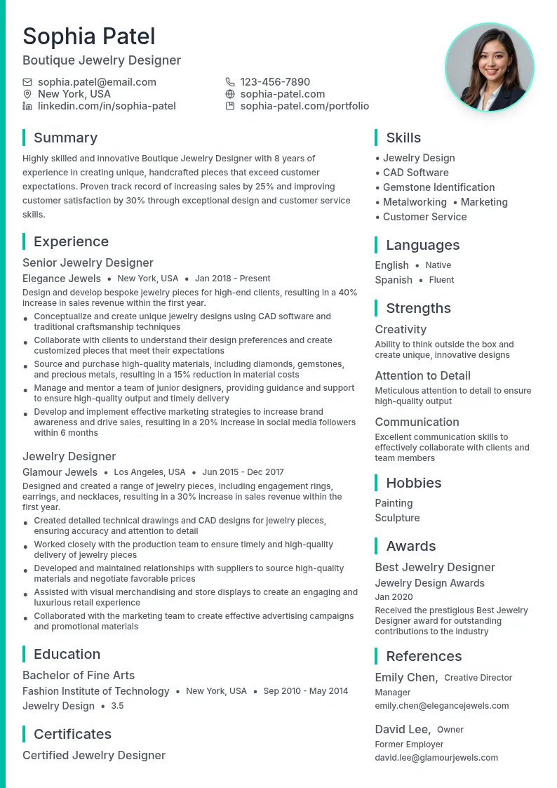 Boutique Jewelry Designer resume example