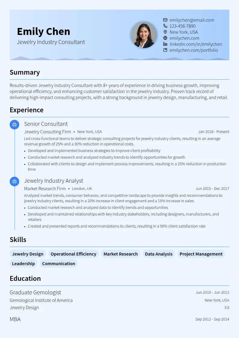 Jewelry Industry Consultant resume example