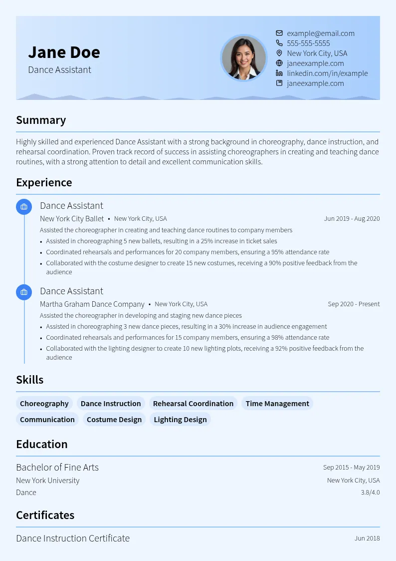 Dance Assistant resume example