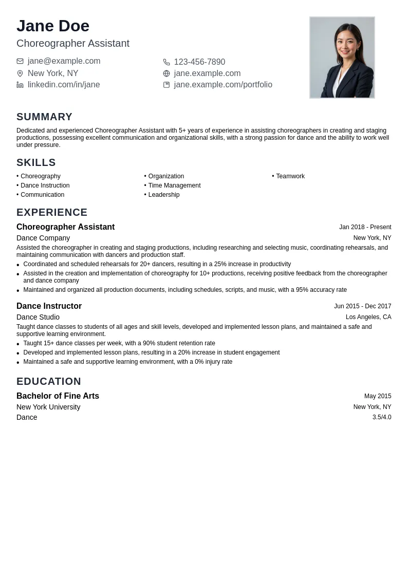Choreographer Assistant resume example