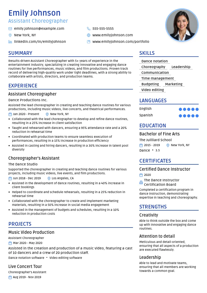 Assistant Choreographer resume example