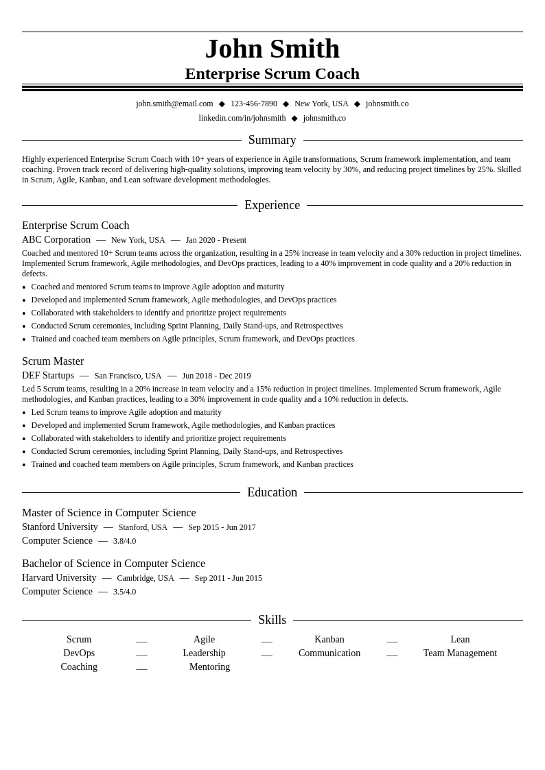 Enterprise Scrum Coach resume example