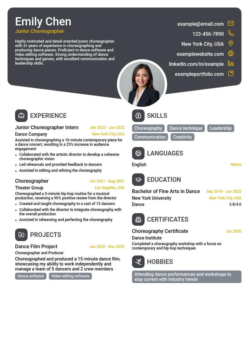 Junior Choreographer resume example