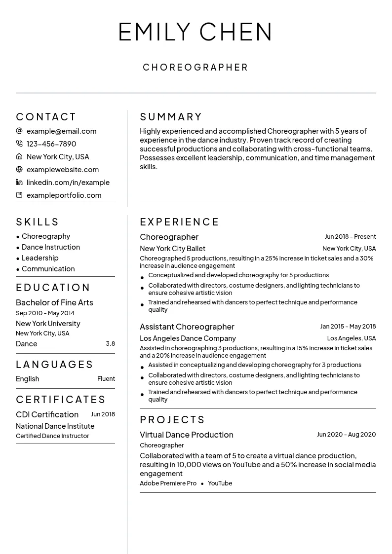 Choreographer resume example