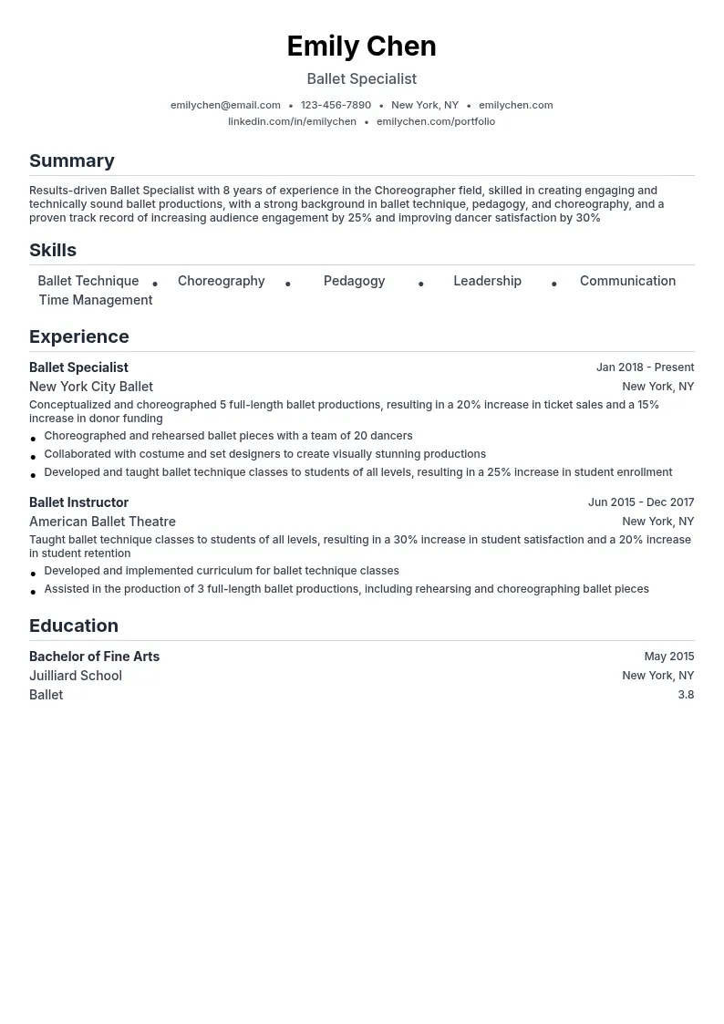 Ballet Specialist resume example