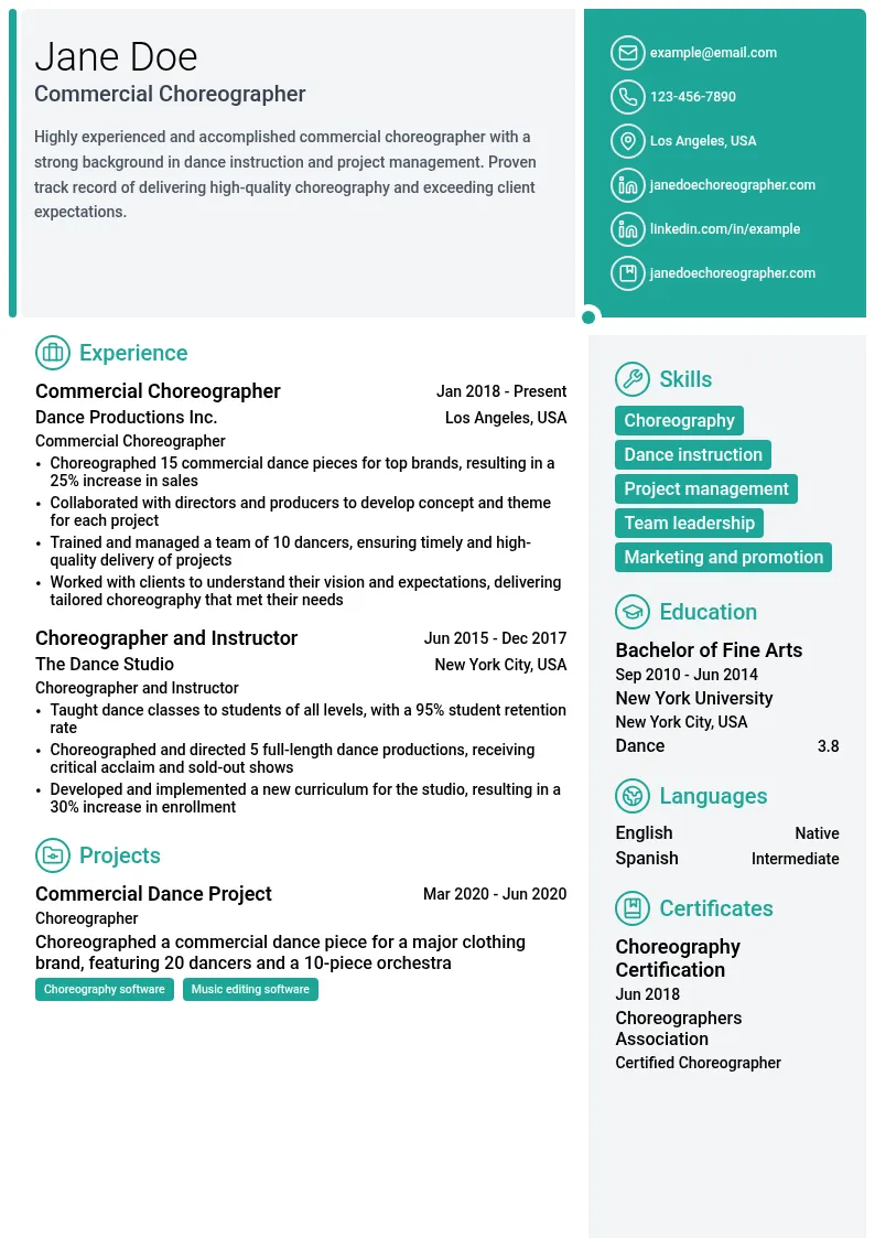 Commercial Choreographer resume example