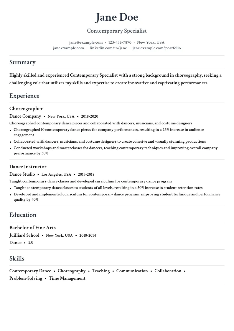 Contemporary Specialist resume example