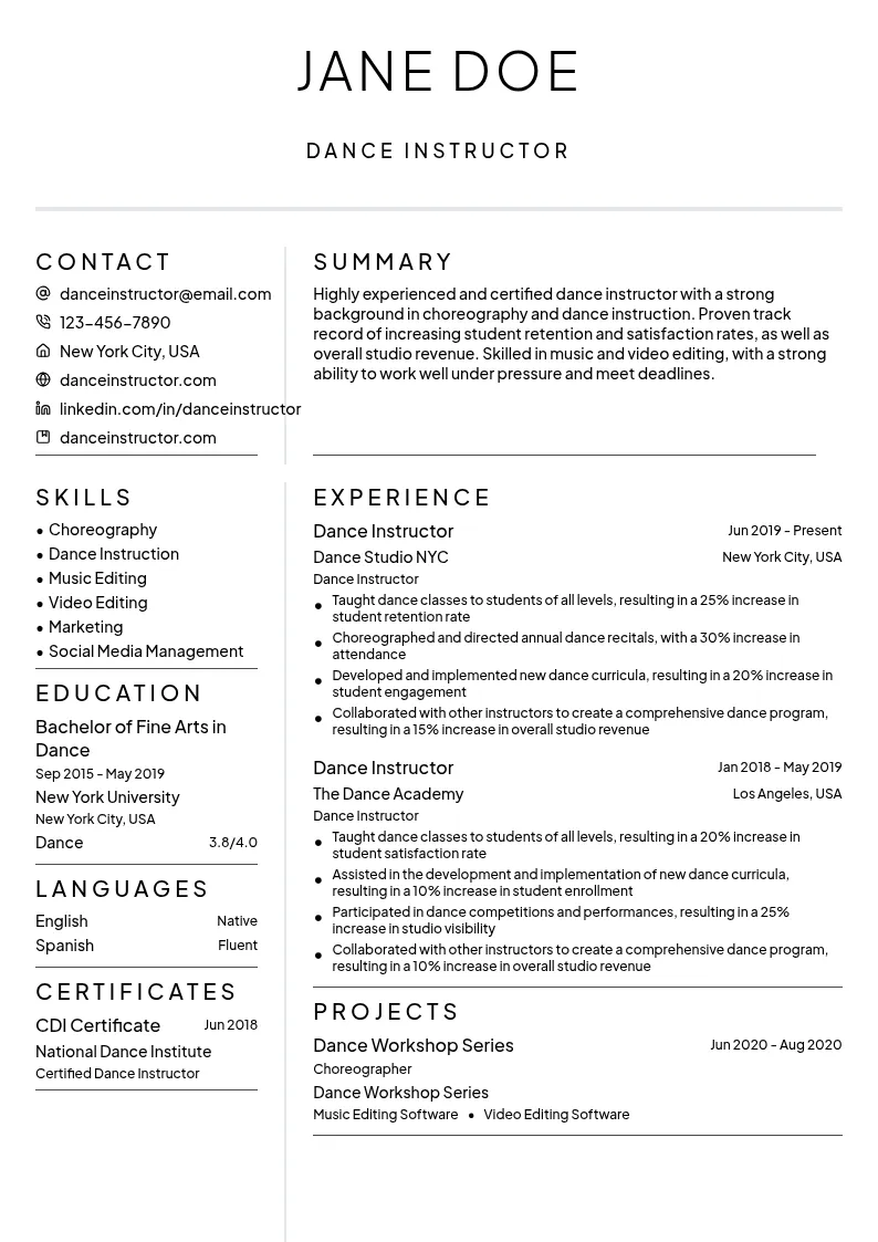 Dance Instructor resume example