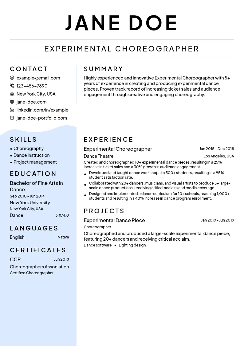Experimental Choreographer resume example