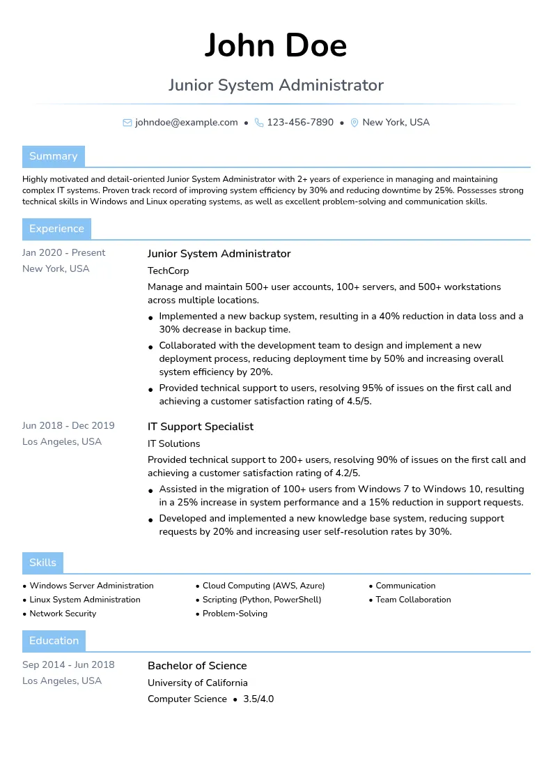 Junior System Administrator resume example