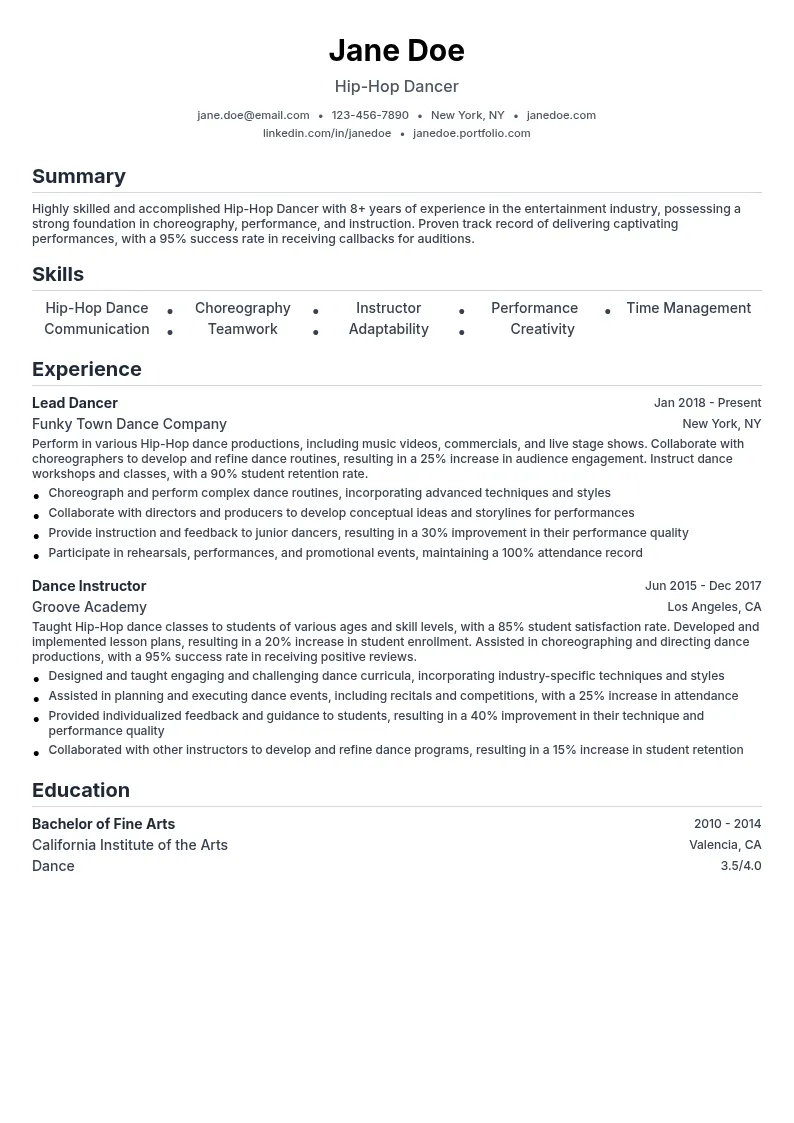 Hip-Hop Dancer resume example