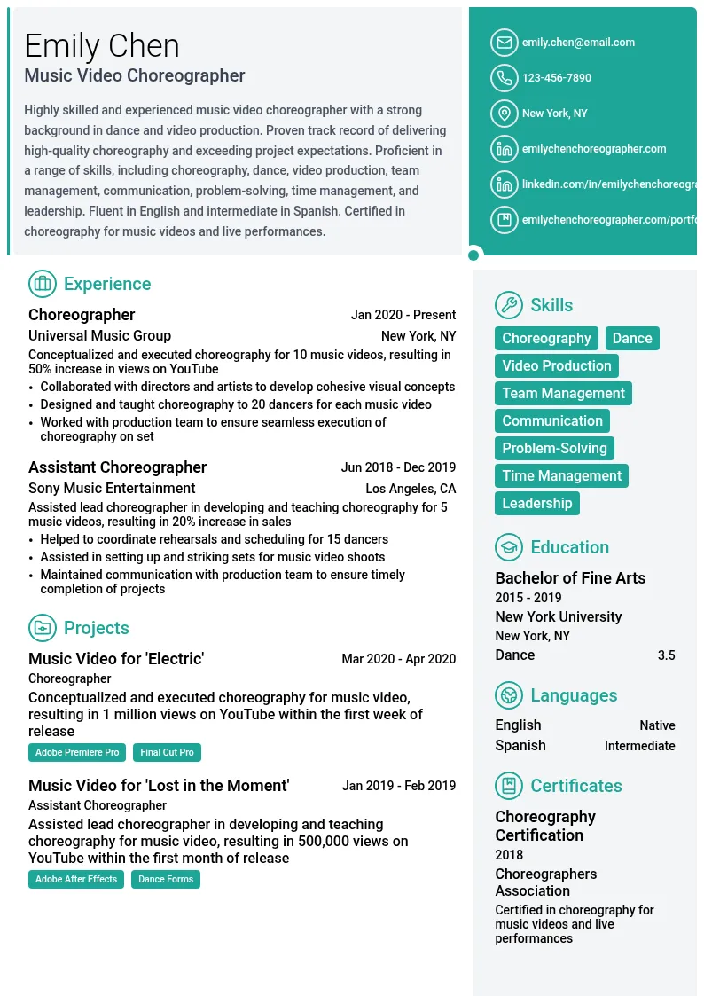 Music Video Choreographer resume example