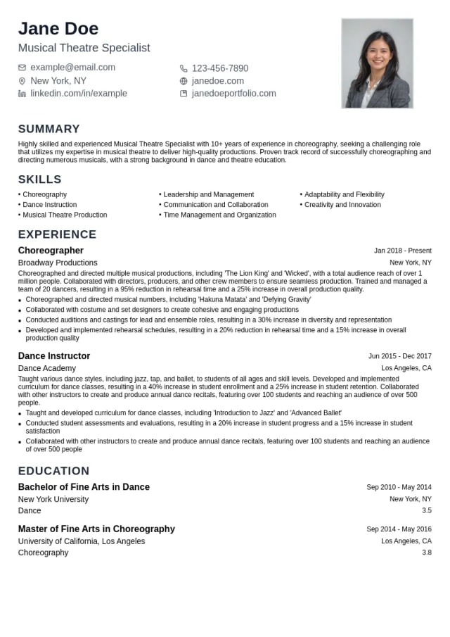 Musical Theatre Specialist resume example