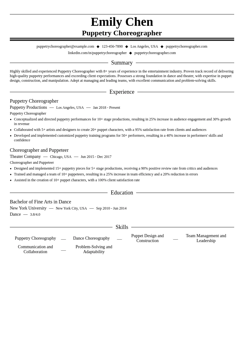 Puppetry Choreographer resume example