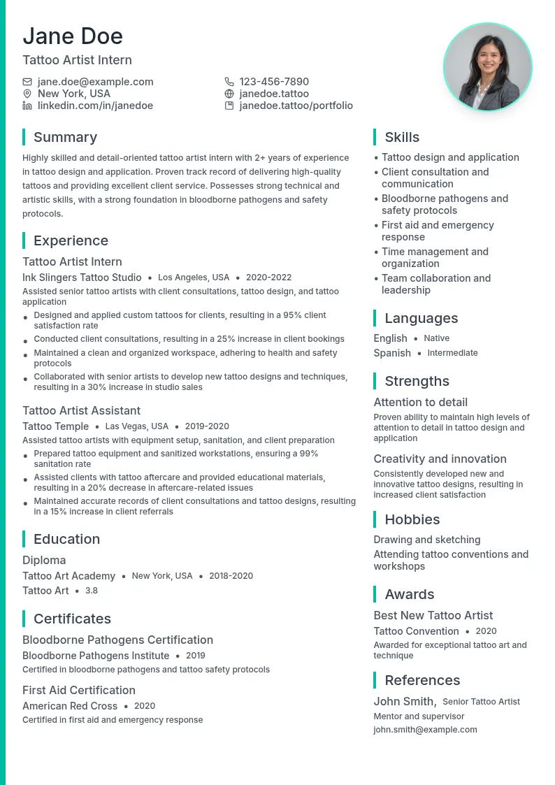 Tattoo Artist Intern resume example