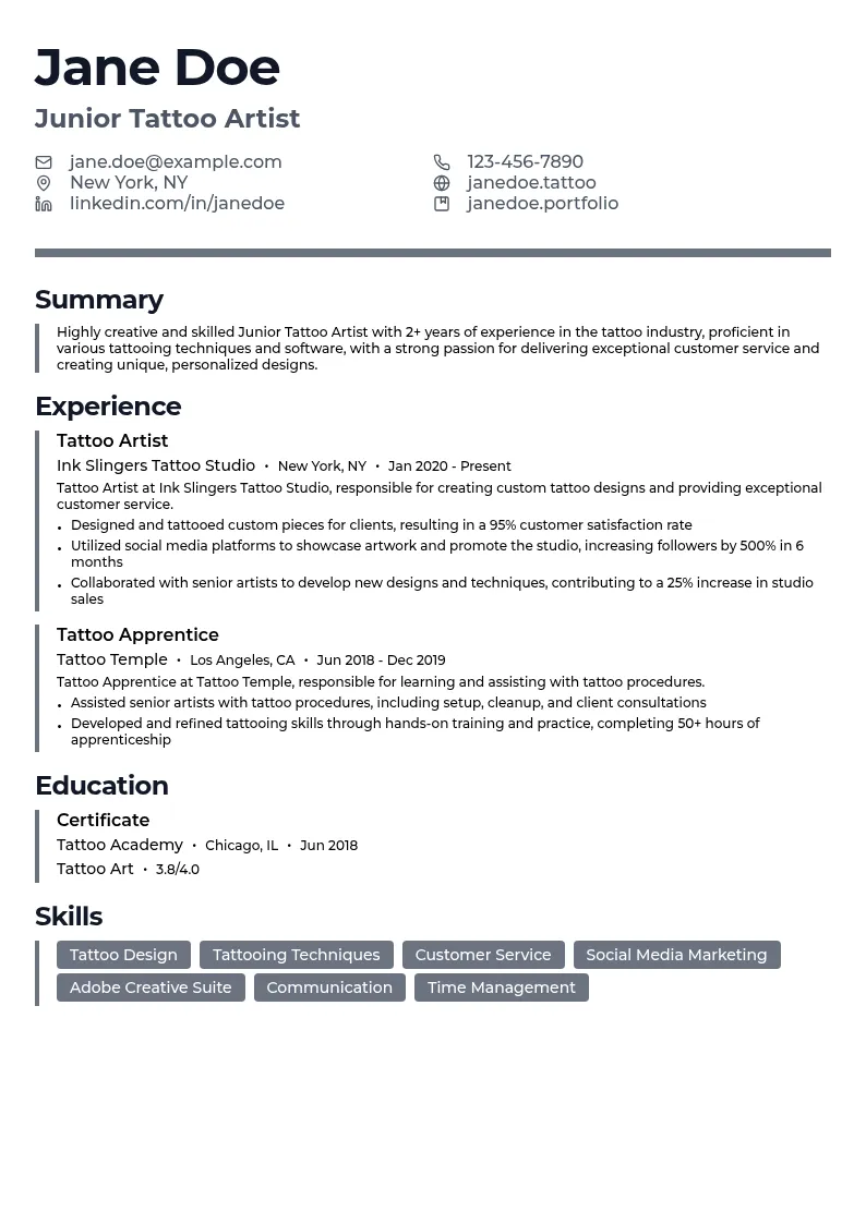 Junior Tattoo Artist resume example