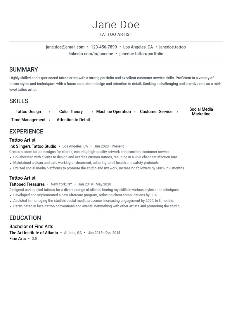 Mid-Level Tattoo Artist resume example