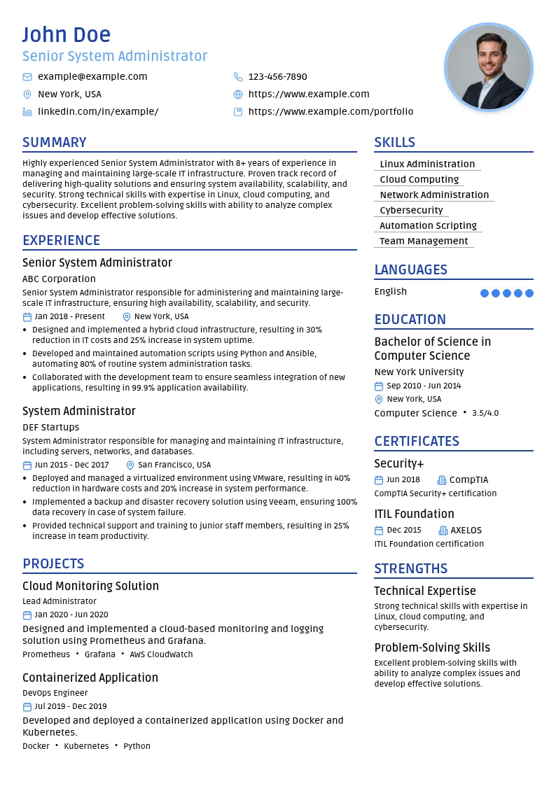 Senior System Administrator resume example