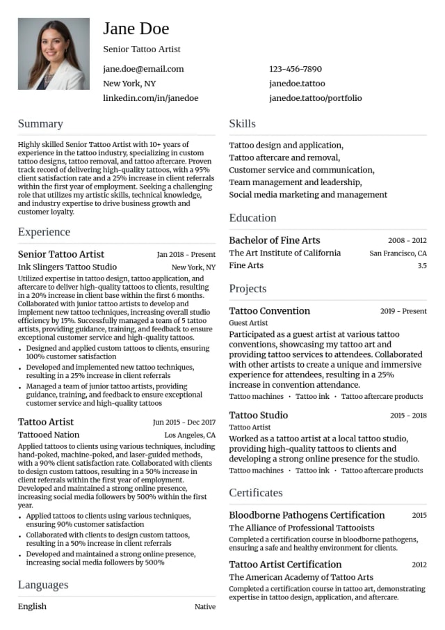 Senior Tattoo Artist resume example