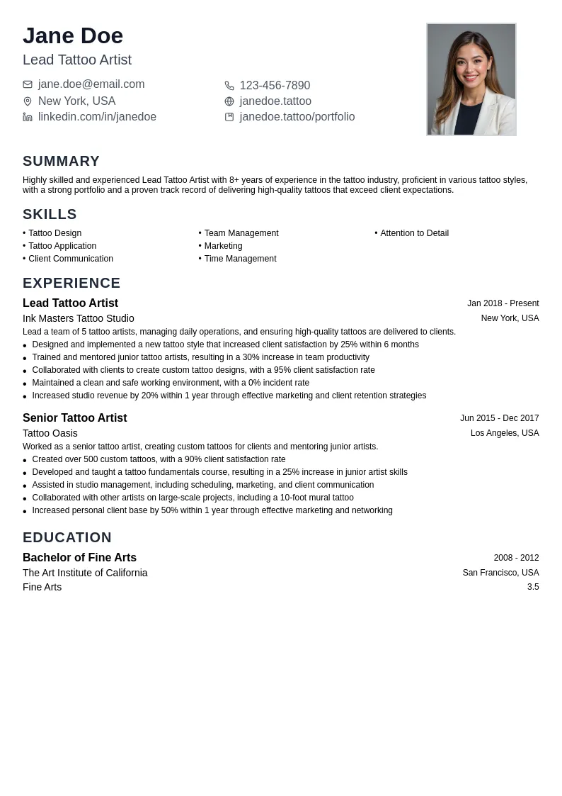 Lead Tattoo Artist resume example