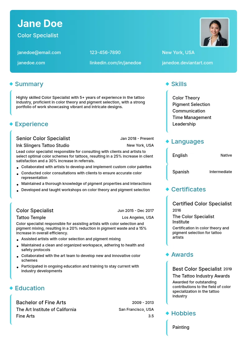 Color Specialist resume example