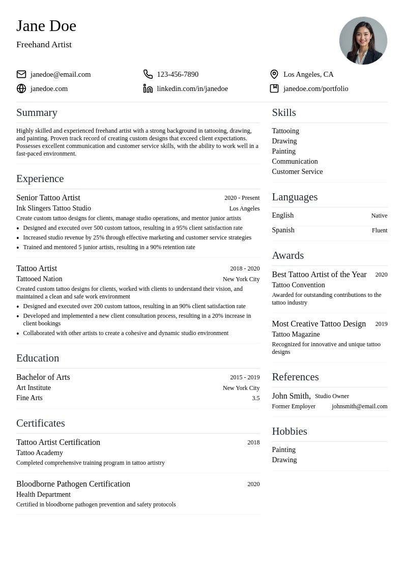 Freehand Artist resume example