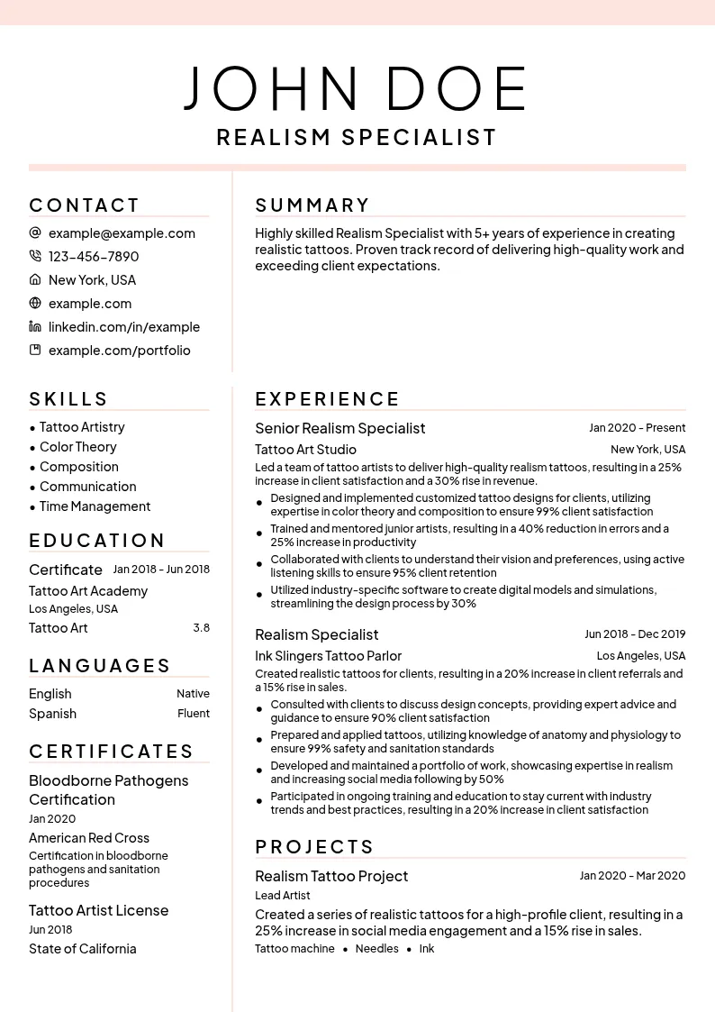 Realism Specialist resume example
