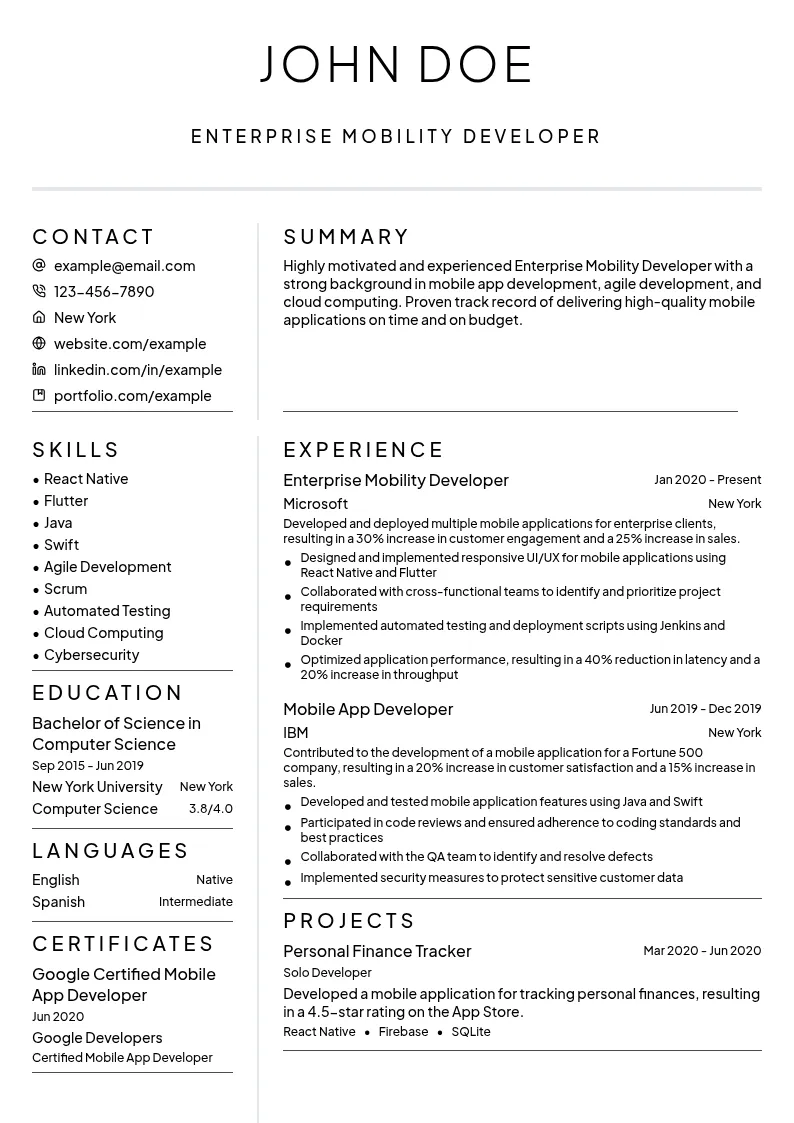 Enterprise Mobility Developer resume example